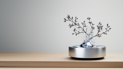 Modern Water Feature with Artistic Branch Sculpture and Water Splash on Minimalist Wooden Surface