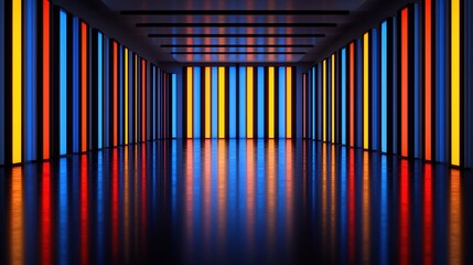 Clean and Glowing Interior with Colorful Vertical Stripes and Reflective Floor Design