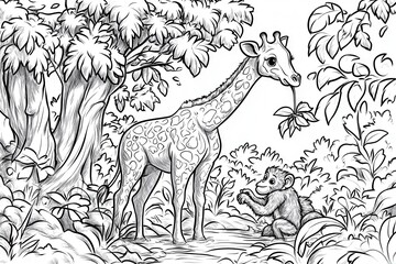 Giraffe and baby monkey in a lush jungle setting with detailed foliage in a charming black and white illustration