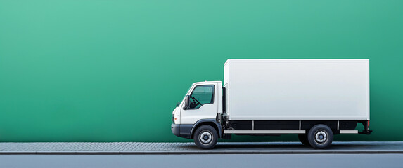 White delivery truck on a green background with copy space, a banner for an online shopping and food delivery service concept. Stock photo with 2/3 of the space available for text.
