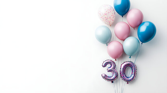 Pastel balloons and metallic number 30 on a white background for a birthday celebration