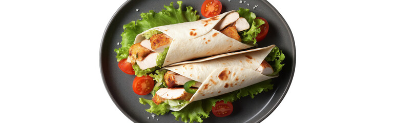Set of realistic wraps with chicken, lettuce, and tomato on a grey plate, isolated on a transparent background