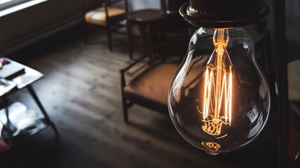 A bright Edisonstyle light bulb hangs in a dimly lit room with vintage wooden chairs and flooring. Warm light illuminates the scene.