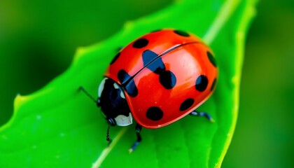 Fototapeta premium Ladybug on Green Leaf: A Vibrant Macro Photography
