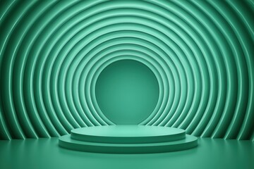 Obraz premium Green minimalist podium displaying products on turquoise concentric circles background