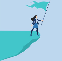 崖の上で旗を掲げるビジネスウーマンのイラスト