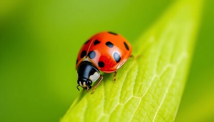 Fototapeta premium Ladybug on Green Leaf: A Vibrant Macro Photograph