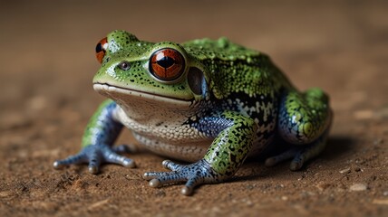 Fototapeta premium Close-up of a vibrant green and brown frog sitting on the ground.