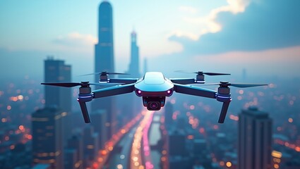 Drone Flying Over Cityscape at Dusk