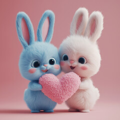 Obraz premium cartoon animation of doll of a plush girl bunny and blue boy bunny holding cut out Heart torn pink paper, copy space, Valentine's Day co