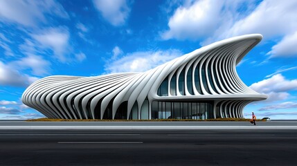 Fototapeta premium Modern Architectural Design of Innovative Building with Fluid Lines Under Blue Sky