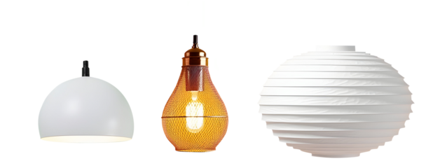 Three stylish pendant lights illuminate a modern space, each with unique design and texture, creating a captivating ambiance., cut out,transparent background
