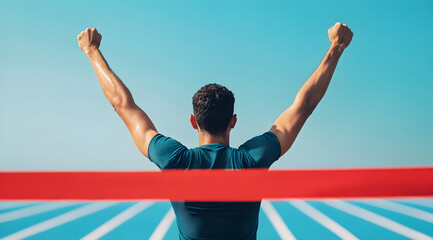 A victorious athlete raises arms in triumph after crossing the finish line, symbolizing achievement and success.
