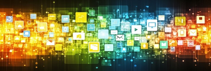 Digital Media Spectrum Vibrant Gradient Background with Flowing App Icons and Network Connections