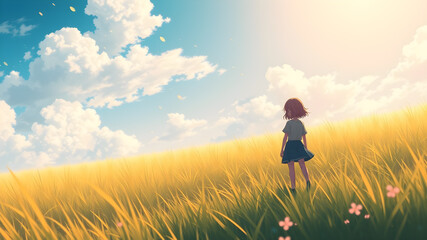 alone anime girl on grass. Generative AI
