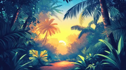 Lush Tropical Paradise Sunset Path Scene