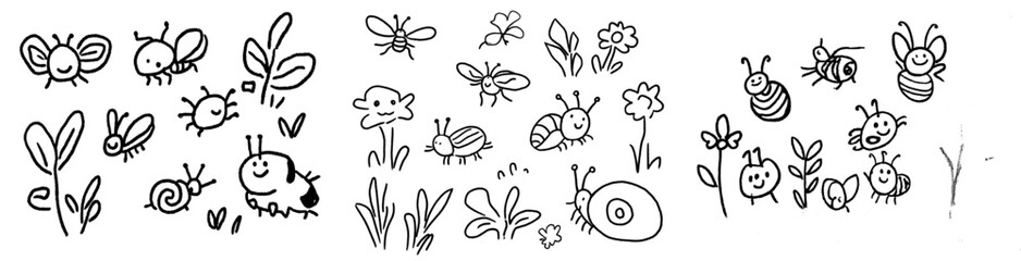 Cute Cartoon Bugs Coloring Page for kids. Modern black line illustration. Bug, insect, bee, butterfly, snail