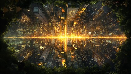 Surreal cityscape at night, viewed from above, with a vibrant, glowing central intersection