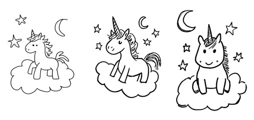 Fototapeta premium Happy baby unicorn perched on a cloud coloring page, a whimsical black and white cartoon illustration