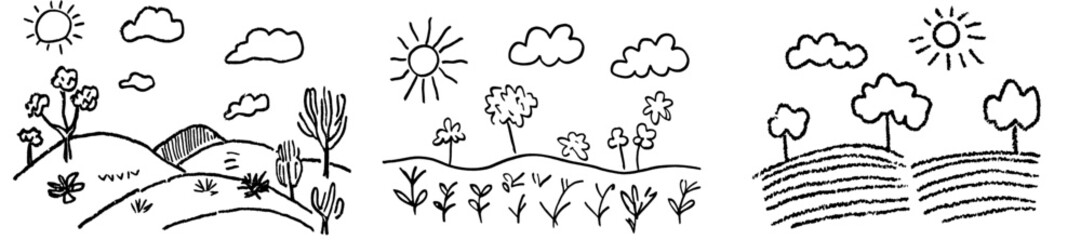 A landscape featuring geometric elements and lines. Perfect for anti-stress coloring. It includes a tribal retro doodle in a modern illustration style. The scene depicts a sunset with clouds,