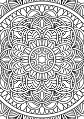 Black Outline Intricate Mandala Pattern. Yoga, meditation poster. Coloring book page.