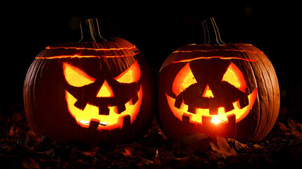 Glowing Halloween Pumpkins: Spooky Jack-o'-lanterns on a Dark Night