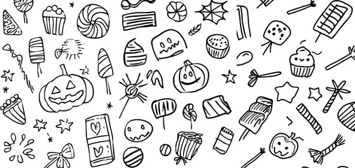 Halloween pumpkin and candies doodle coloring book page. Antistress for adults
