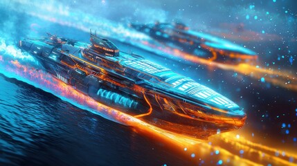 Futuristic Spaceships Racing Through Nebula