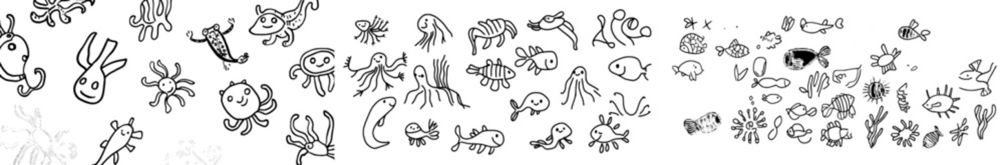 Circle-shaped coloring page featuring sea animals. Black and white for a coloring book with adorable underwater figures. Background with outlines. Modern style illustration