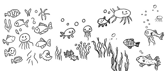 Jellyfish connect the dots full page picture puzzle and coloring page, featuring underwater life themes, including fish, starfish, seabed, and algae