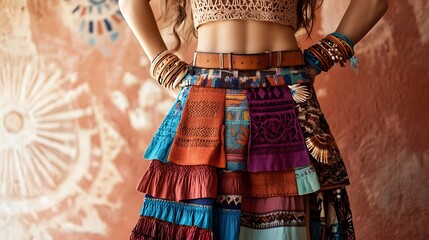 Woman wearing a colorful patchwork skirt and bracelets.