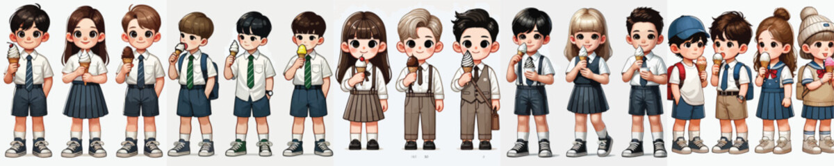 Fototapeta premium set of vector characters of little kids eating ice cream