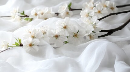 Fototapeta premium A soft, dreamy arrangement of cherry blossoms on a branch, creating texture on a light fabric.