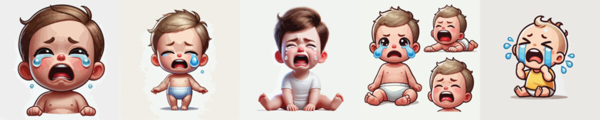 set of vector characters of cute babies crying