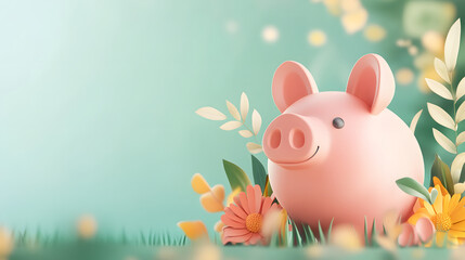 Pink Piggy Bank Surrounded By Spring Flowers