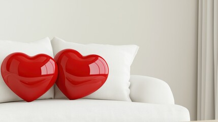 Two Red Hearts on White Sofa - Romantic Valentine's Day Concept