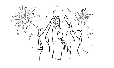 Continuous line party champagne one line art, continuous drawing contour. Hands toasting with wine glasses with drinks. Cheers toast festive decoration for holidays. Vector illustration