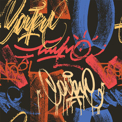 Abstract graffiti background.  Street art covers with paint splashes, scribbles and tags. Trendy hand drawn banner or poster, seamless pattern for textile print. Vector illustration © Юрий Парменов