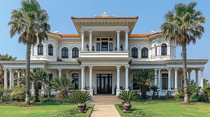 Obraz premium Elegant Old Villa with Grand Garden Entrance and Lush Palm Trees Under Clear Sky, Showcasing Timeless Architectural Beauty and Serenity