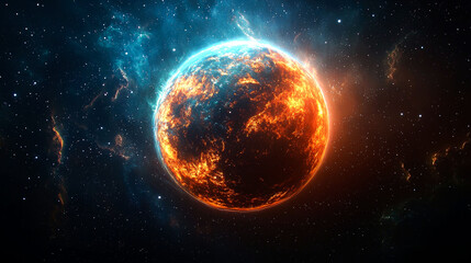 Obraz premium Fiery Cosmic Wonder: A Blazing Planet in the Heart of a Vibrant Nebula