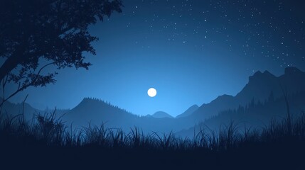 Fototapeta premium Serene Nighttime Mountain Landscape Under a Full Moon
