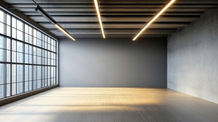 Obraz premium Contemporary Empty Concrete Interior with Large Windows and Modern Lighting in a Minimalist Style for Mockup Use