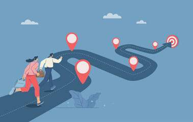 Business team running work on project timeline, Timeline, Progress in business, Roadmap, Project planning, Key route map with action plans, Timeline to success, Flat vector design illustration.