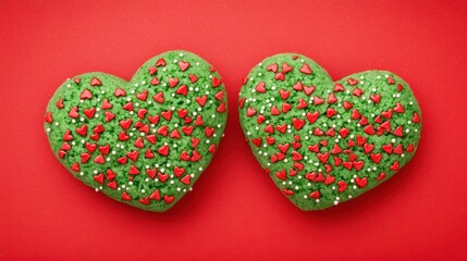 Fototapeta premium Two Green Heart-Shaped Cakes Decorated with Red Hearts and Sprinkles on Red Background