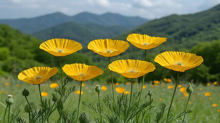 Obraz premium Vibrant California Poppies Blooming in a Scenic Landscape Surrounded by Lush Greenery and Majestic Mountains Under a Clear Blue Sky