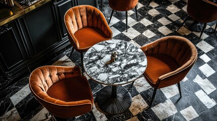A trendy cafe with marble-top tables and velvet chairs, viewed from a top-down perspective.