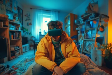 A man using virtual reality goggles to explore a digital world in his living room.