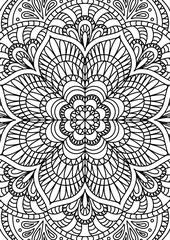 Black Outline Intricate Mandala Pattern. Yoga, meditation poster. Coloring book page.