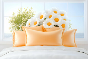 Peach pillows and daisies on a bed by a bright window overlooking a city. Perfect for home décor websites and magazines