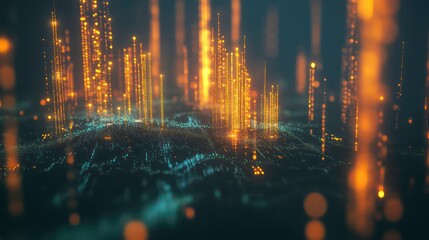 Obraz premium Abstract glowing city landscape with orange and teal light streaks.